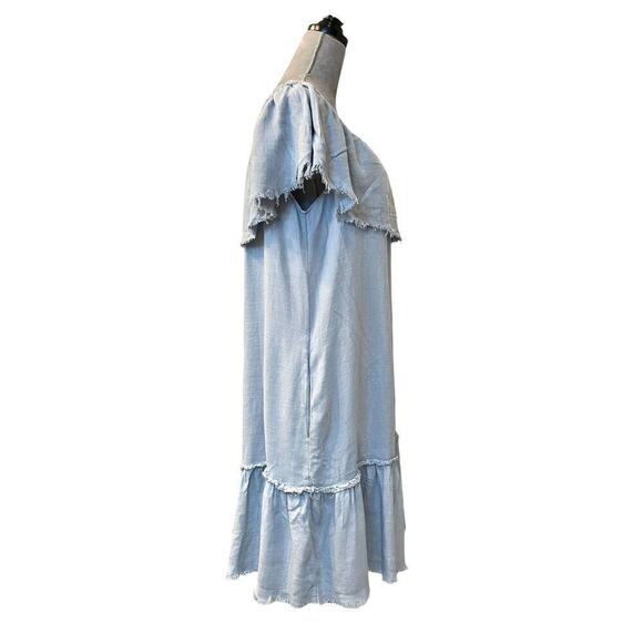 Umgee Dress Womens Large Blue Linen Chambray Off Shoulder Ruffled Side Pockets - Picture 3 of 9
